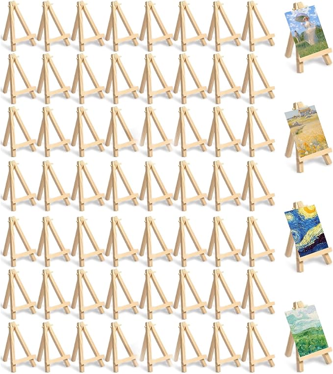 Voittozege 60 Pcs Mini Easel Stand 5 Inches Mini Wood Canvas Holder Small Easels for Painting Artist Triangle Easels, Art Craft Painting Easel Stand for Weddings, Photos, Crafts, Business Cards
