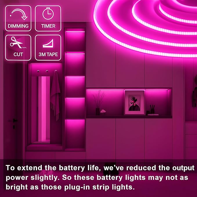 Pink COB LED Strip Lights Battery Powered with Remote, 6.56FT 640LED Light Strip Dimmable Cuttable Flexible Wireless LED Tape Light for Gifts, Bedroom, Party, TV Backlight, Home Lighting Decor
