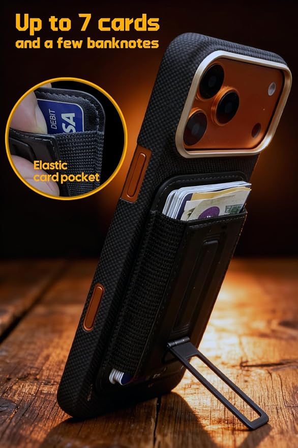 For Magsafe wallet, with aluminum alloy lightweight adjustable stand, holds 7 cards, leather material, elastic storage, 0.2 inch ultra-thin design, RFID, for iphone12-17 series, black (HYS001)