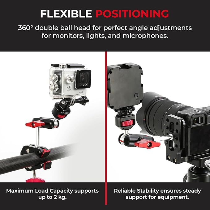REFLEX CAMERA Super Clamp & Magic Arm Mount with Double Ball Head – 2kg Load Capacity, 1/4” & 3/8” Screw, Adjustable for Monitors, LED Lights, Mics, Smartphone, Gopro - Flexible & Durable