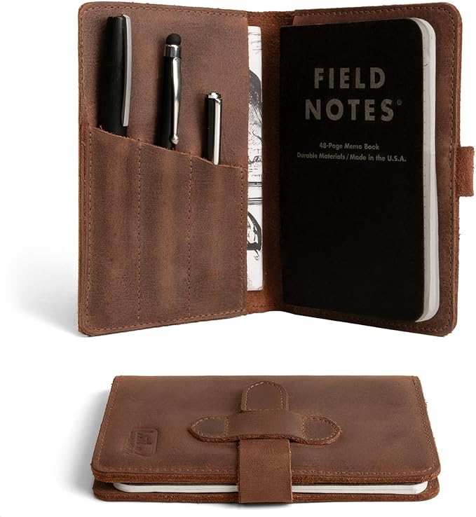 Leather Field Notes Cover for 3.5 x 5.5 in. Notebooks, Case for Moleskine Cahier Pocket Size Notebook, EDC Journal Covers with Pen Holder, Traveling Sketch Wallet, Small Planner, Notepad Accessories