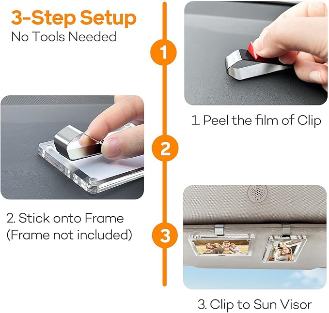8-Pack Stainless Steel Clips with 3M Adhesive – DIY Sun Visor Mounting Kit for Photo Frames (Not Included) – Strong Hold Car Visor Accessory for Custom Displays, Home & Office Use