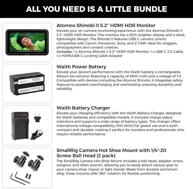 Atomos Shinobi II 5.2" HDMI Camera Monitor with HDR Touchscreen Display | Lightweight Monitor for Photography with Battery, Charger and Camera Hot Shoe Mount Advanced Bundle Set