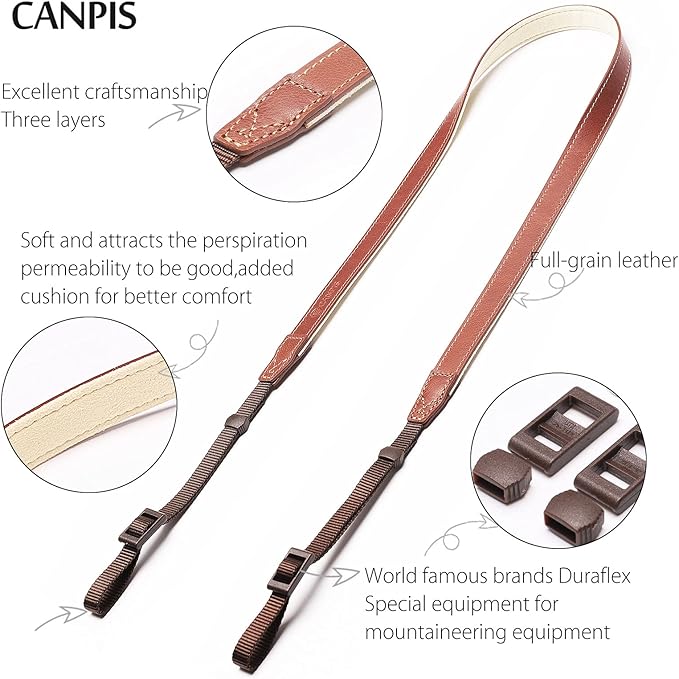 CANPIS CP008 Camera Shoulder Neck Strap compatible with Canon Nikon Leica Fuji Sony Olympus etc. Brown Color, Adjustable Length, Slim with Flocking Comfortable Pad
