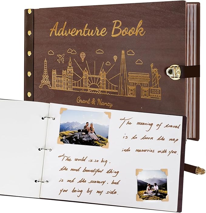 Custom Travel Scrapbook, Personalized Travel Photo Album with Wooden Cover, Adventure Book Scrapbook Keepsake Gifts, Vacation Photo Album to Hold Your Stories