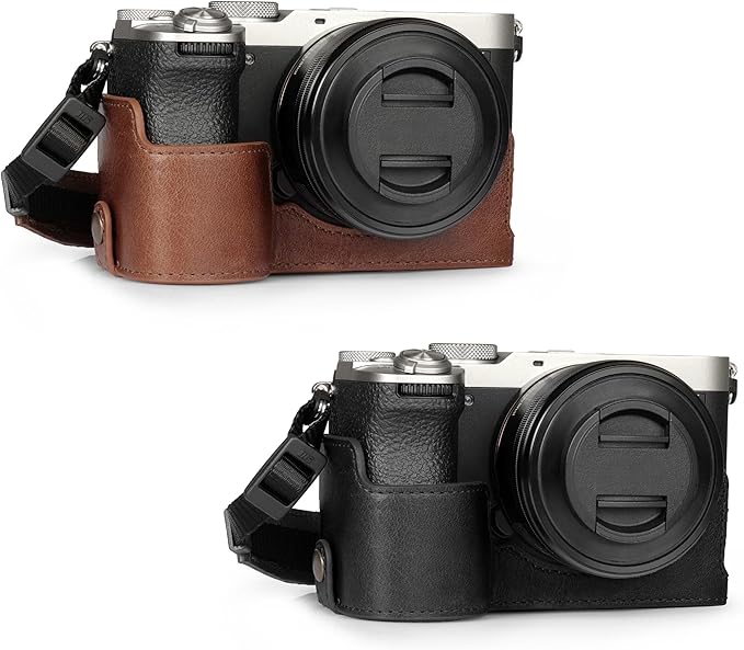 MegaGear Genuine Leather Half Camera Case for Sony Alpha a7C Mark II - Stylish and Protective - Black