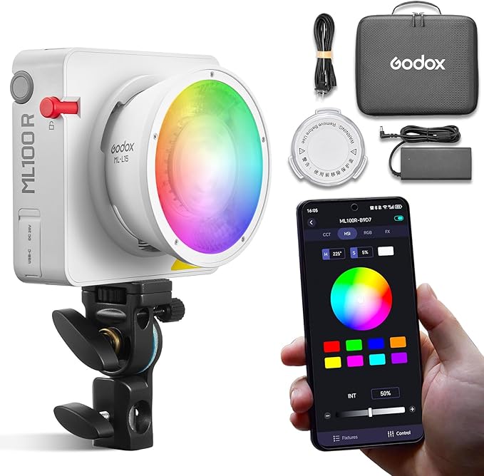 Godox ML100R 110W RGB Portable LED Video Light, 1800K-10000K, Full HSI & CCT 1800K–10,000K, CRI 95+, 14 FX, App/Onboard Control, Compact Pocket Light for Filmmaking, Live Streaming, Video Photography