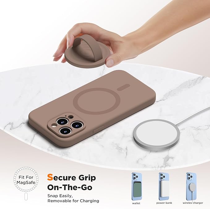 Upgraded Magnetic Phone Grip, Liquid Silicone Soft and Portable, Removable Finger Loop Ring Grip Holder for iPhone, Strong Magnetic Attraction, Compatible with MagSafe Phone Case, Light Brown