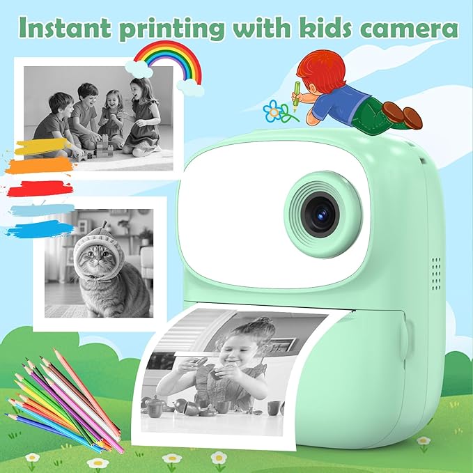 Kids Camera Instant Print for Kids with Mirror, HD Dual-Lens Selfie Digital Camera with 3 Rolls Print Paper & 32GB Card, Holiday Birthday Gifts Toys for Girls Boys Toddler. (Green)