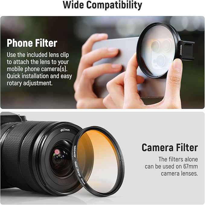 NEEWER Clip On 67mm Phone ND Filter Kit with Cold Shoe Lens Clip, CPL/ND32/6 Point Star/4 Graduated Color Filter Compatible with iPhone 17 16 16e 15 Android Samsung Galaxy S25 Ultra S24