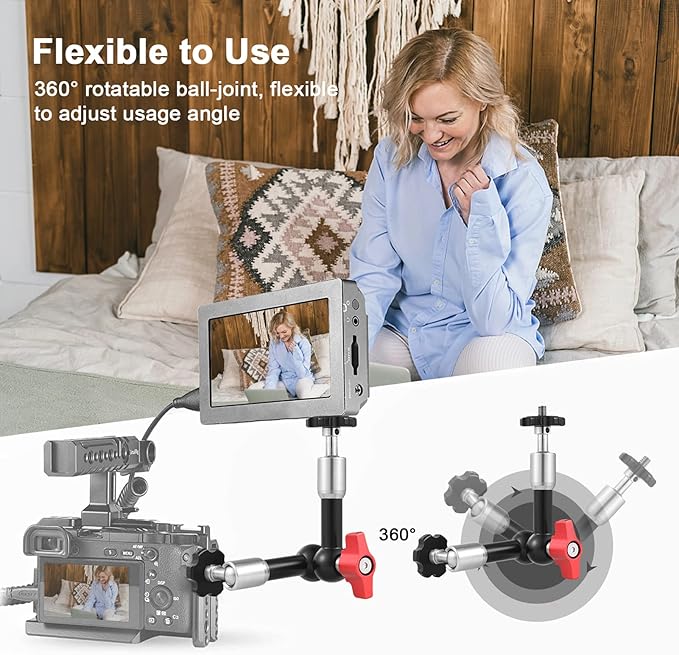 Camnoon 7 Inch Adjustable Articulating Friction Magic Arm Flexible Extension Bracket Aluminum Alloy with Dual 1/4 Inch Screw 360° Rotatable for Video Monitor LED Light Flash
