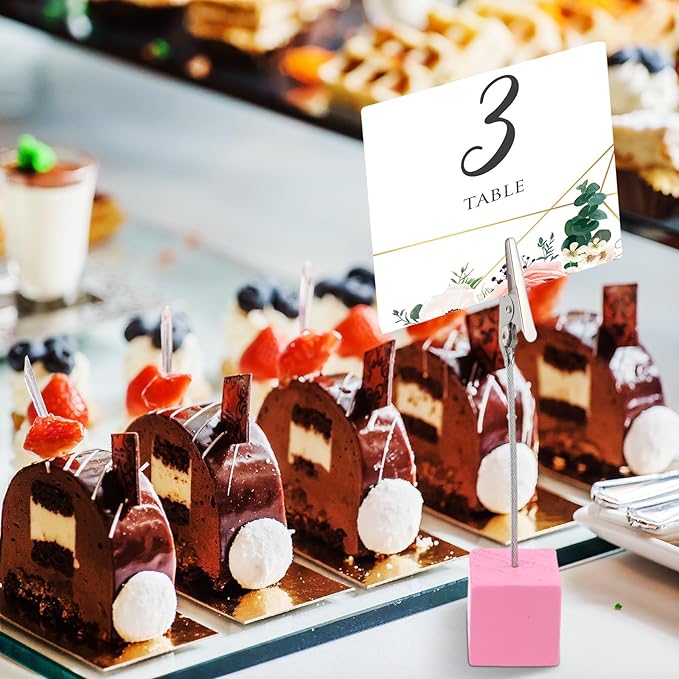 Gersoniel 20 Pcs Cube Base Memo Clip Holder with Alligator Clip Wood Table Number Holder Cube Base Place Card Stand Mini Photo Menu Stand for Displaying Number Card (Pink)