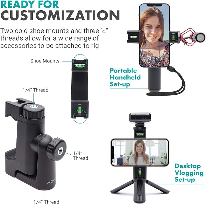 Movo P-3 Rotating Phone Tripod with Cold Shoe Mount for Light, Mic, or Grip - Compatible with iPhone, Samsung, Google, Android Phones