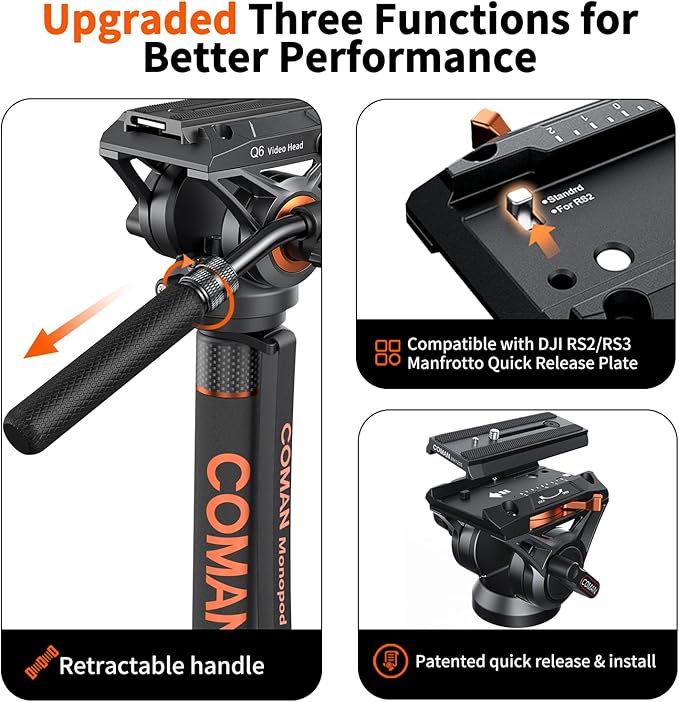 Monopod for Camera, COMAN Camera Monopod with Feet Q6 Fluid Head with Tripod Stand 71.25 inch Max Load 22 Lbs for Photography, Cameras, Canon, Nikon, Sony, DSLR, Video Camcorder