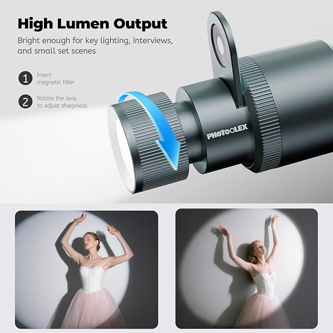 PHOTOOLEX PRO 12W RGB Photography Flashlight, 360 ° Full Color LED Portable Spotlight, Conical Optical Snoot Kit with 10 Metal Gobos/9000mAh/3 Lens/CRI 96+/12 Effects, LCD Display, APP Control