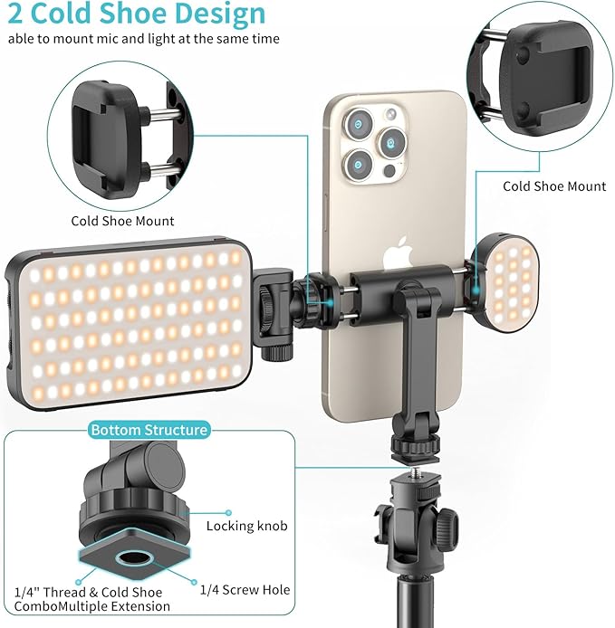 Phone Tripod Mount Holder for iPhone - 2 Cold Shoe and 1/4" Screw, 360° Rotates and 180° Tilts Compatible for iPhone Android Sony Canon DJI Ronin S/SC Zhiyun Gimbals