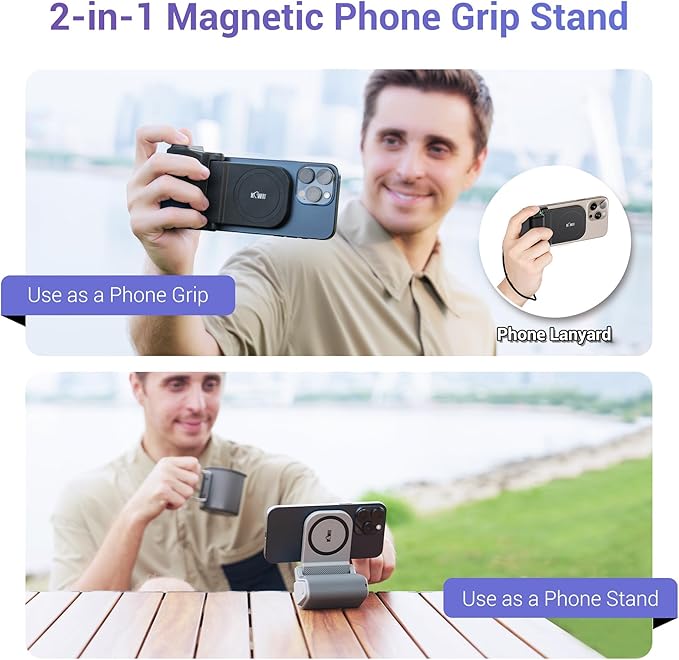 KIWIFOTOS Magnetic Phone Camera Grip for iPhone 17 Magsafe Handle with Bluetooth Remote & Tripod Mount Adapter for iPhone 16 15 Pro Max Samsung Smartphone Vlog Video Shooting