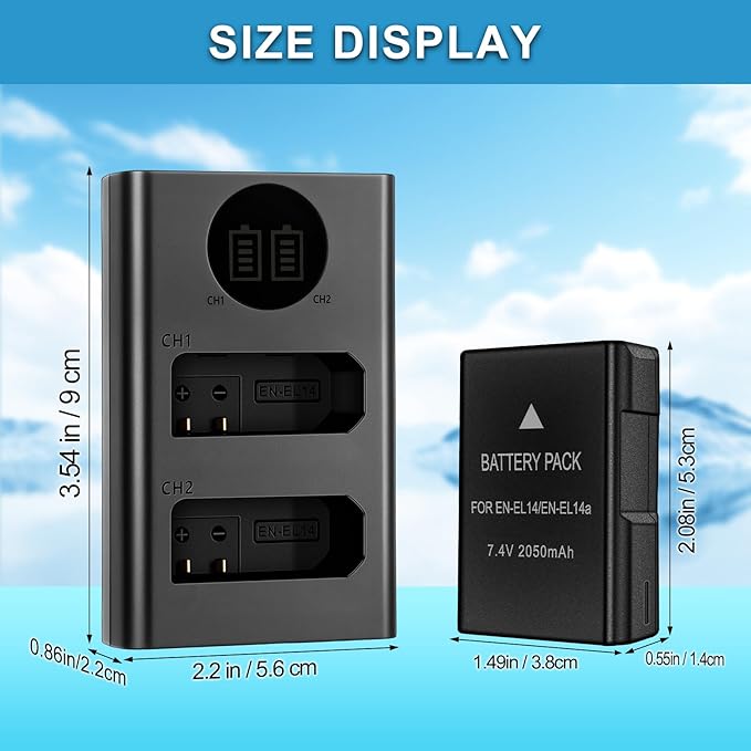 EN-EL14/EN-EL14a Battery Pack, 7.4V 2050mAh, with Dual Slot Fast USB Charger, for Nikon D5100 D3200 D5300 D3100 D5200 D3300 D5500 D3400 Df D3500 D5600 P7000 P7100 P7700 P7800 Digital Camera