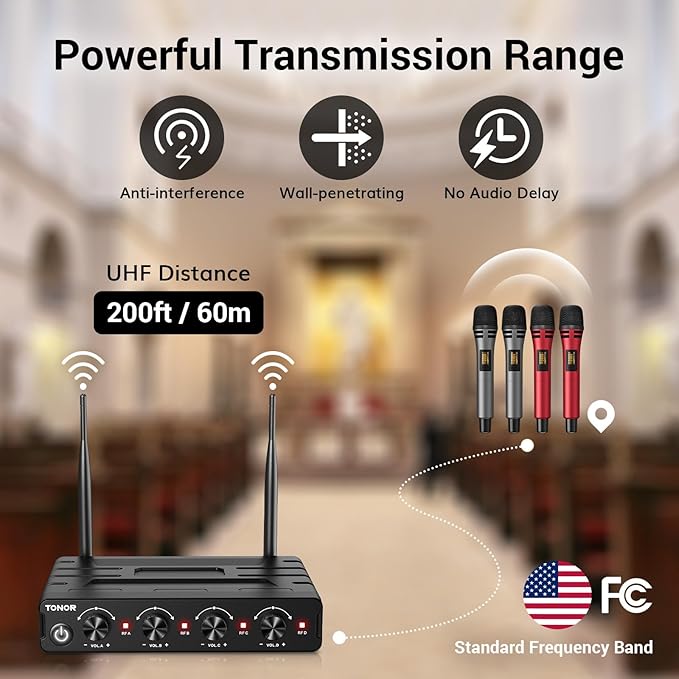 TONOR Wireless Microphones System with 4x10 Channels Cordless Handheld Microfono Inalambrico, UHF Mics with Stable Signal Transmission for Karaoke Singing Party Church Wedding 60 m/200ft Red