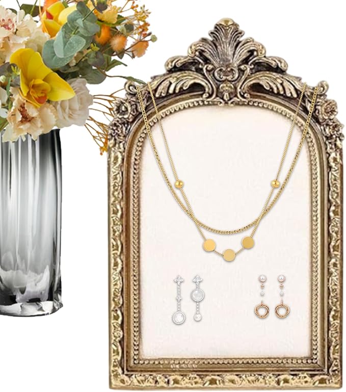 Vintage Jewelry Display Frame - Resin Vintage Photo Frame, Shabby Chic Jewelry Stand | Velvet Backing Handmade Necklace Organizer, Antique Style Earring Holder For Women Girls Bedroom Dresser Table