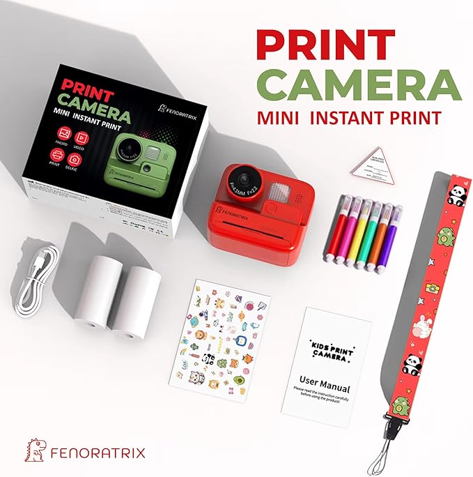 Instant Print Camera for Kids – No Ink Needed, 2.4" Screen, Selfie & 1080P Video, 10X Zoom, 3 Paper Rolls, Stickers & Markers, Fun Creative Gift for Boys & Girls Ages 3 4 5 6 7 8 9 10 – FENORATRIX RED