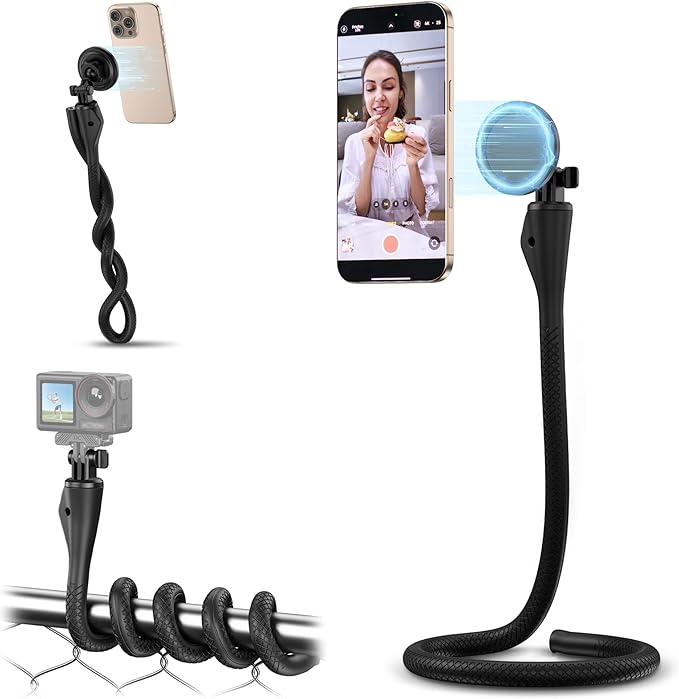 Magnetic Flexible Phone Mount Holder for iPhone 17 16 15 14 Pro & Action Camera,29.5'' Long Arm Bendable Selfie Stick Stand Phone Adapter with 1/4"20 for Osmo 360 Action 5 Pro 4 3 Treadmill Stroller