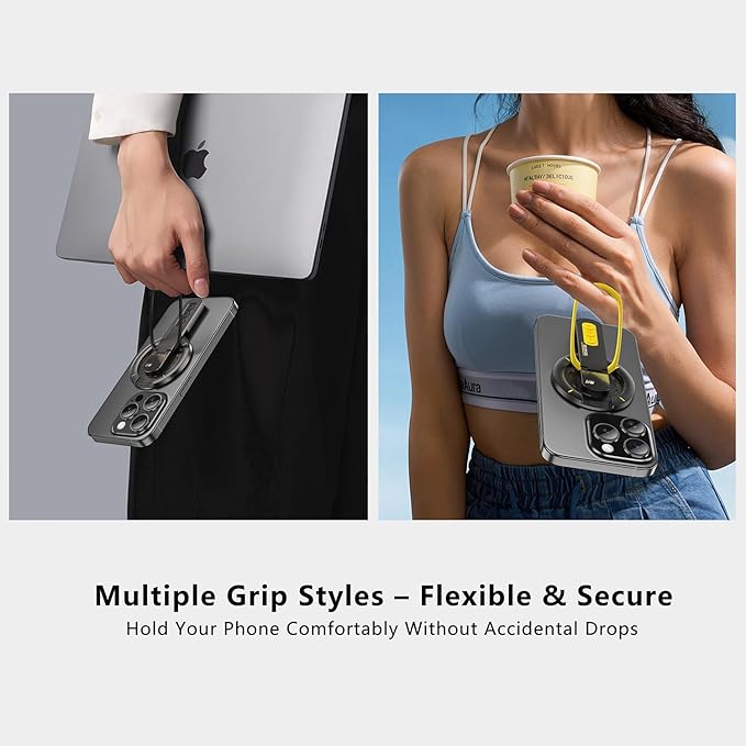 Phone Grip for Magsafe Phone Stand 360°Roration Gym Holder Phone Kickstand Silicone Finger Ring Innovative Pressure-Relief Damping Hinge Design with Magnet Ring Compatible All Phones, Black