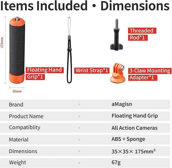 Floating Hand Grip for Insta360/DJI/GoPro Action Cameras with Adjustable Wrist Strap, 3-Claw & 1/4" Screw Mounts, Bright Orange Float