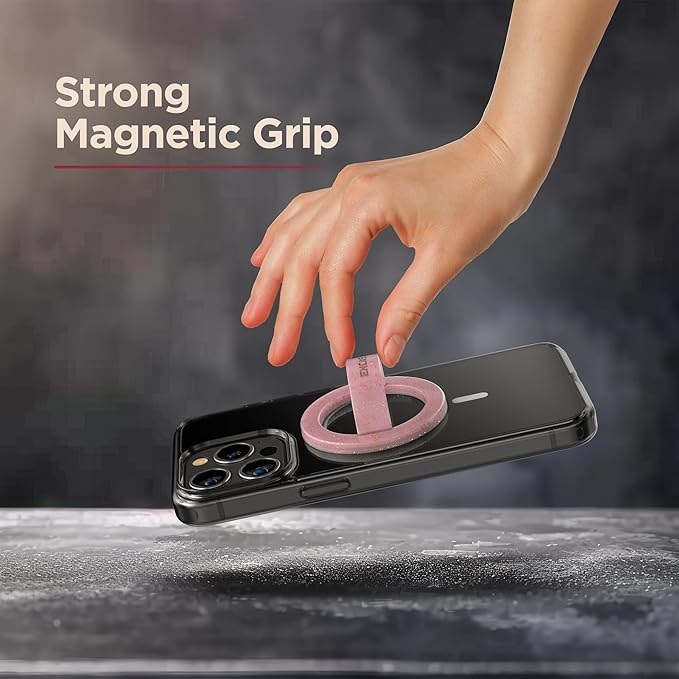 Encased Magnetic Phone Grip Holder (Compatible with MagSafe) Thin Silicone Finger Loop Ring for iPhone (Pink Glitter)
