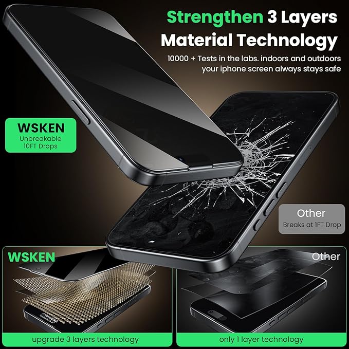 WSKEN for iPhone 16 Pro Max Privacy Screen Protector - [Auto Dust-Remove] 24 Degree Anti Spy 3D Full Coverage Shatterproof Tempered Glass with Zero Bubble Dust Clean Easy Installing House, 2 Pack