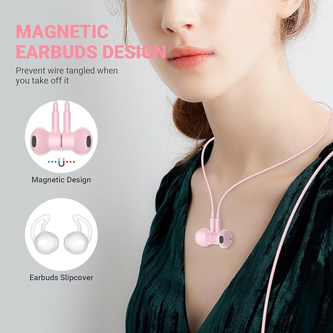 USB C Headphones for iPhone 17 Air 16 Pro Max 15, Type C Earphones with Microphone Magnet HiFi Stereo Wired Earbuds for Samsung Galaxy S26 S25 Ultra S24+ 23 A17 S21 S20 FE Flip 7 6 5/Pixel 10, Pink