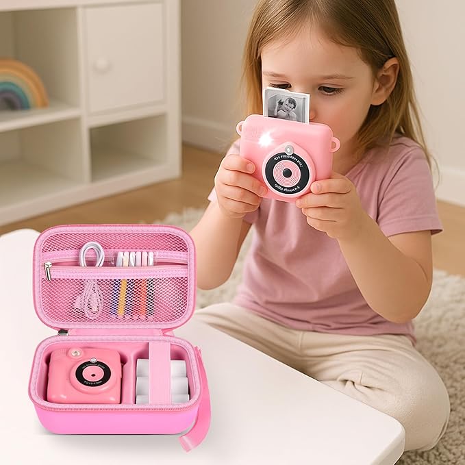 Kids Instant Print Camera Case for ESOXOFFORE Digital Video Cameras with 3 Rolls Paper Refill, Toddler Film Camera Storage Holder Bag with Mesh Pocket for Thermal Paper Accessories (Box Only) - Pink