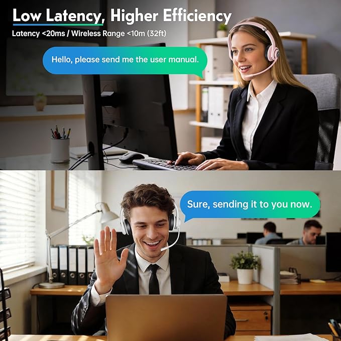 Wireless Headsets with Microphone, Ultra Lightweight& 50+ Playtime, Wireless Headset for Cell Phones, On Ear Bluetooth Headphone Fit for PC/Call Center/Computer/Laptop/Teams - Light Pink