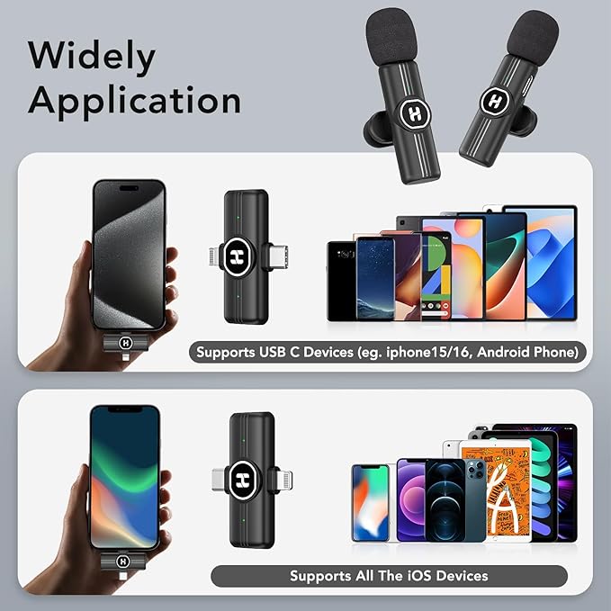 Mini Wireless Lavalier Microphone for iPhone, iPad, Android Phone - Noise Reduction Lapel USB C Bluetooth Mic for Recording, Clip on Omni Lav Mic for Video Recording, Tiktok, YouTube, Vlog