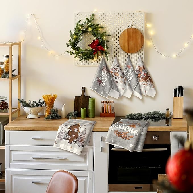 Preboun 6 Pcs Christmas Kitchen Towels Grey Buffalo Plaid Xmas Tree Brown Christmas Dish Hand Kitchen Towels Hello Winter Bathroom Decoration Dish Cloth Tea Cloth