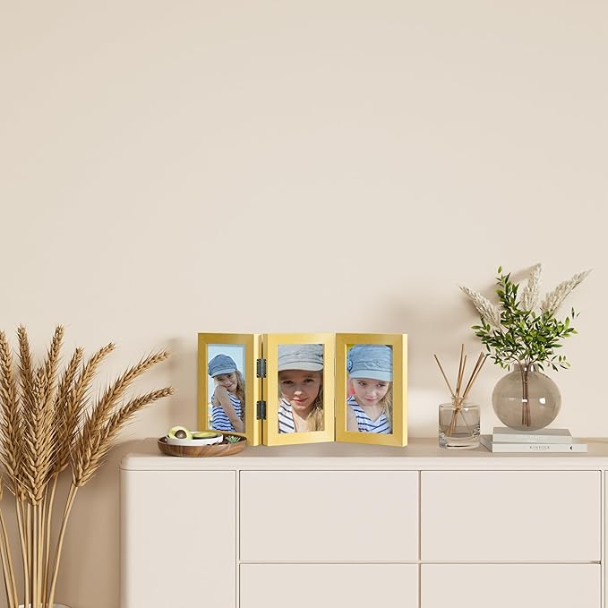 decorUhome Triple 4x6 Picture Frame Vertical, Engineered Wood Trifold Photo Frame with Plexiglass for Tabletop Display, 4x6, Gold