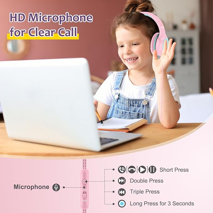 Kids Headphones Wired with Microphone, USB Type C Headphones for Kids Girls Boys with Cord/LED Lights/85/94dB Volume Limit, Portable Over Ear Headphones for School/Travel/Tablet/iPad