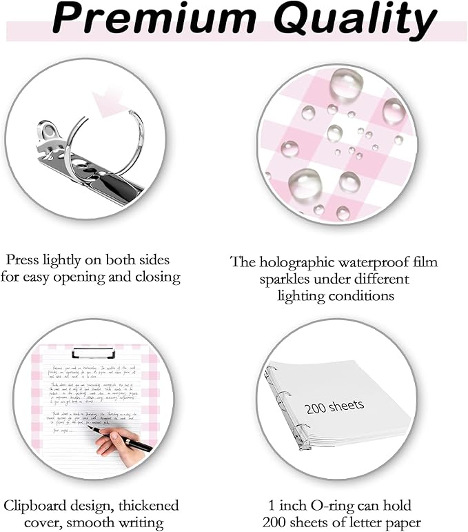Etzul 3 Ring Binder 1 inch with Clipboard - Pink & White Grid Design, Includes Dividers, File Bag & Spine Label - Ideal for Students and Professionals, Holographic Waterproof Film