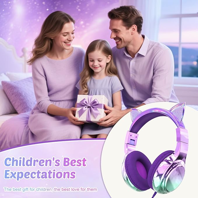 QearFun Kids Cat Ear Headphones with USB C for Girls with Microphone, 85/94dB Safe Volume Limiter, Tangle-Free Cord, Share Port, Foldable Sparkly Wired Headset for School, Travel, Tablet, iPad
