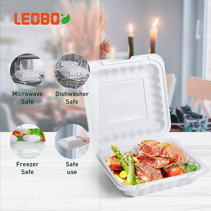 LEOBOX Takeout Container Mineral Filled PP Plastic - 8 Inch 34oz 55 Pack | Shrink Wrap BPA Free To Go Boxes | Reusable Dishwasher Microwave Freezer Safe for Food Delivery | White Disposable Containers