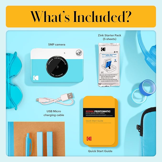 Kodak Printomatic Full-Color Instant Print Digital Camera - 75 Sheets Bundle - Prints On Zink 2x3 Sticky-Back Photo Paper - 5MP, Portable, Creative Fun Gift for Birthday, Christmas, Holiday - Blue