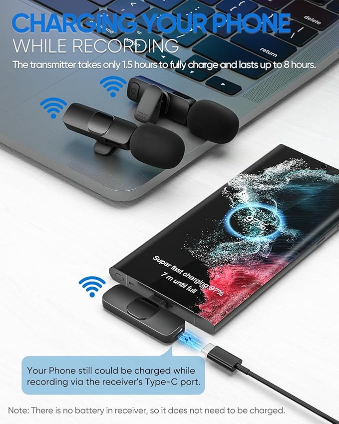 Wireless Lavalier Microphone for iPhone/Android Phone/Laptop, IUMAKEVP Plug-Play Clip on Lapel Mic with Auto Noise Reduction for Video Recording, Live Broadcast, Interview, TikTok, YouTube (2 Mics)