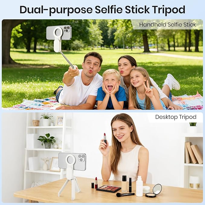 Multifunctional Magnetic Selfie Stick Tripod, 360° Rotation Portable Extendable Phone Stand for Video Recording & Vlog, Pocket Size for iPhone Android Smartphones (White)