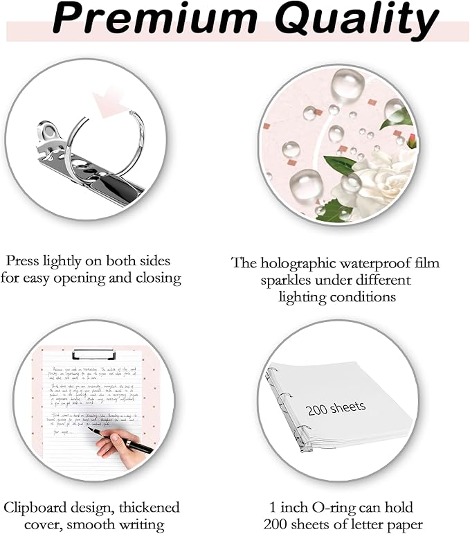 Etzul 3 Ring Binder 1 inch with Clipboard - Soft Pink Floral Design, Includes Dividers, File Bag & Spine Label - Perfect for Students, Teachers, and Professionals, Holographic Waterproof Film