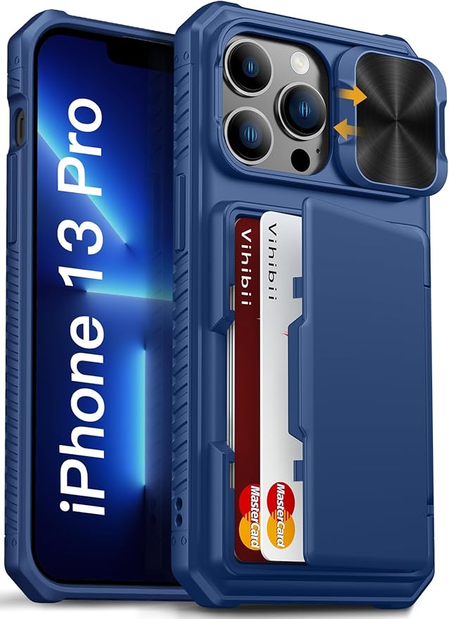 Vihibii for iPhone 13 Pro Case with Card Holder (4 Cards), [RFID Blocking] & Slide Camera Cover, Military Grade Drop Protection, Heavy Duty Shockproof Wallet Cover for iPhone 13 Pro, 6.1" 2021, Blue