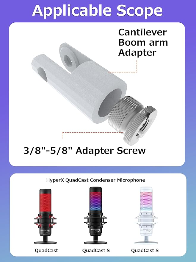 Mic Stand Adapter for 3/8" HyperX QuadCast Boom Armr(white)