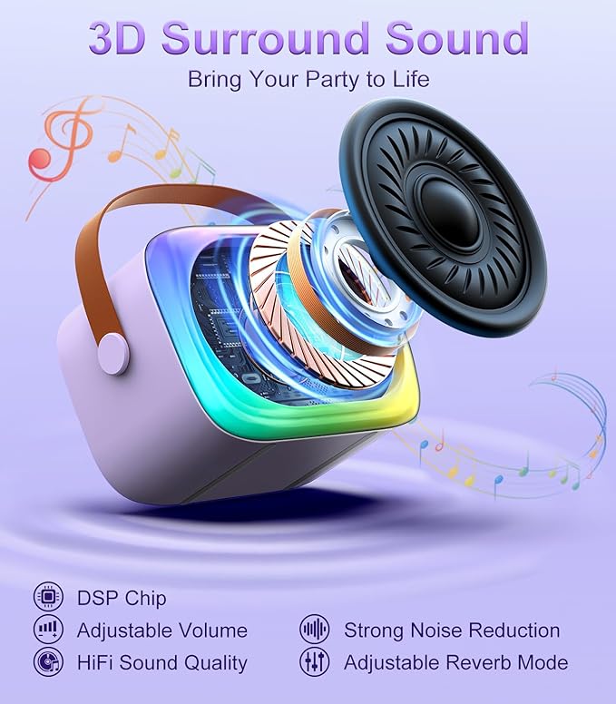 TiMOVO Mini Karaoke Machine, Portable Bluetooth Speaker with 2 Wireless Microphones and LED Lights, Birthday Gifts for Family Home Party, Purple
