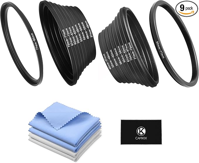 18-Piece Filter Ring Adapter Set - 9X Step-Up Rings and 9X Step-Down Rings for Lens Filters, Lens Hoods, and Lens Converters - Includes 4X Microfiber Cleaning Cloths (7x6 Inches)
