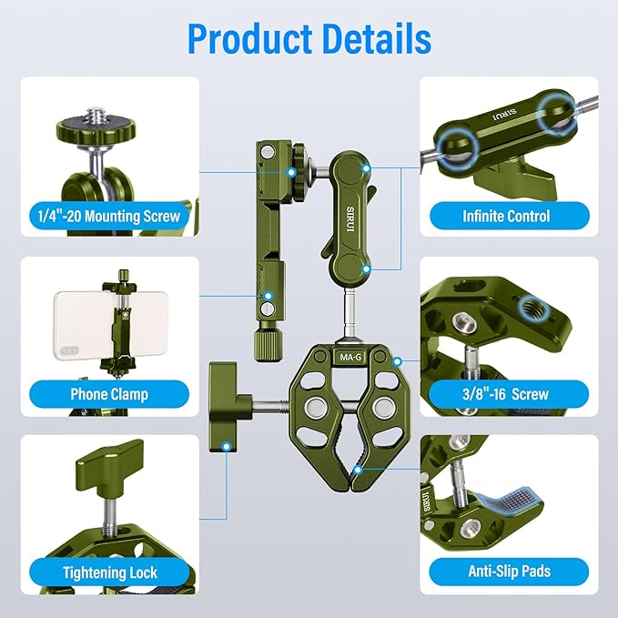 SIRUI Articulating Camera Mount Clamp with Phone Holder, Magic Arm Super Clamp with 1/4"-20 Thread and 3/8"-16 Locating Hole for ARRI, Ball Head Mount for Monitor and Bicycle, MA-G, Green