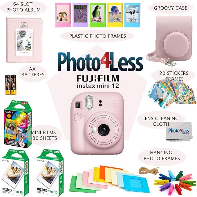 Fujifilm Instax Mini 12 Instant Film Camera, Fuji Instax Mini Film (20 Sheets), Fuji Rainbow Instant Film (10 Sheets), Protective Case, Album, Insax Mini Accessory Bundle (Blossom Pink)